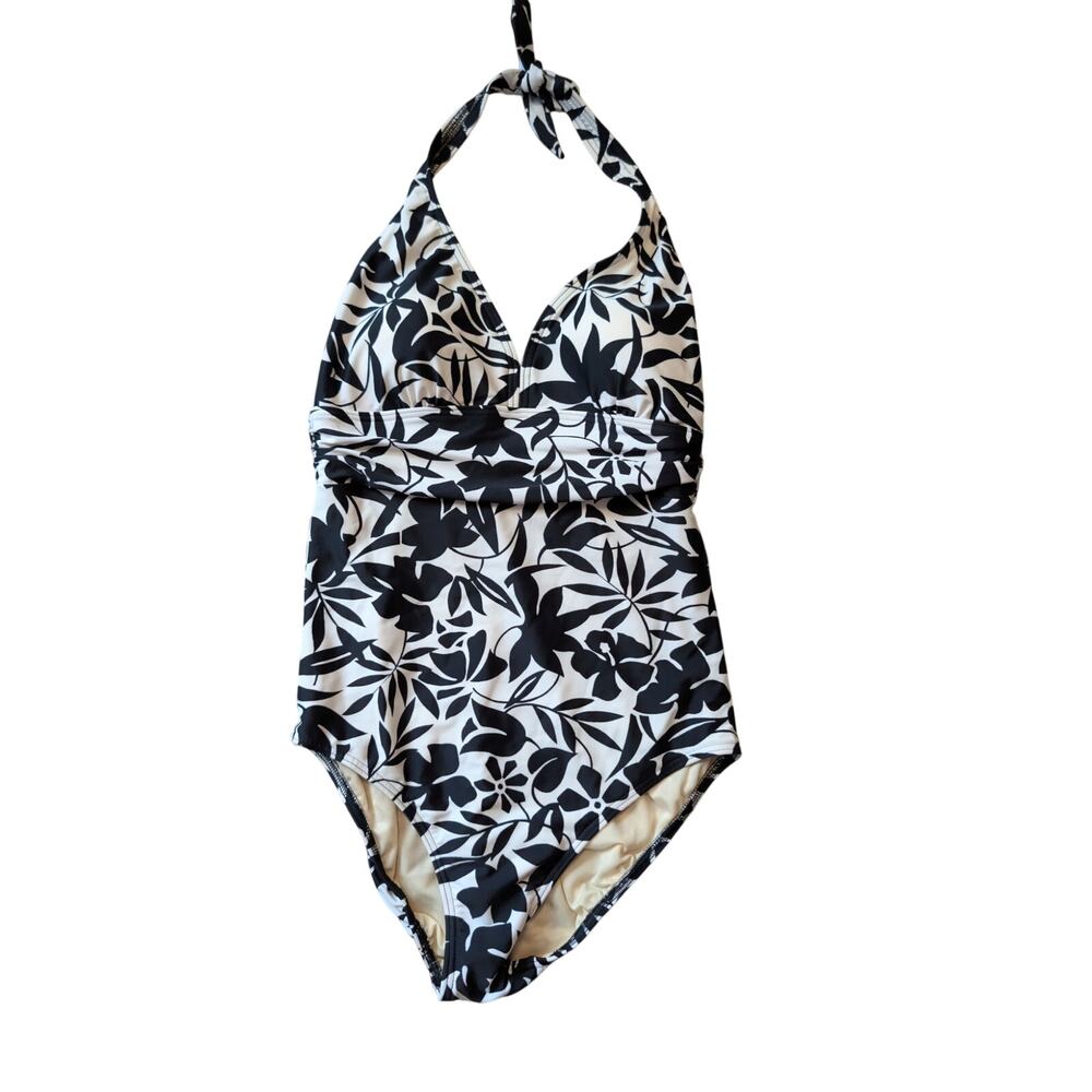 Lands' End Womens Long Torso Floral Halter V-Neck One Piece Swimsuit Black 12L